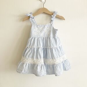 Cat & Jack Seersucker Sundress Baby Girl 18M Blue White Striped Floral Lace Bow